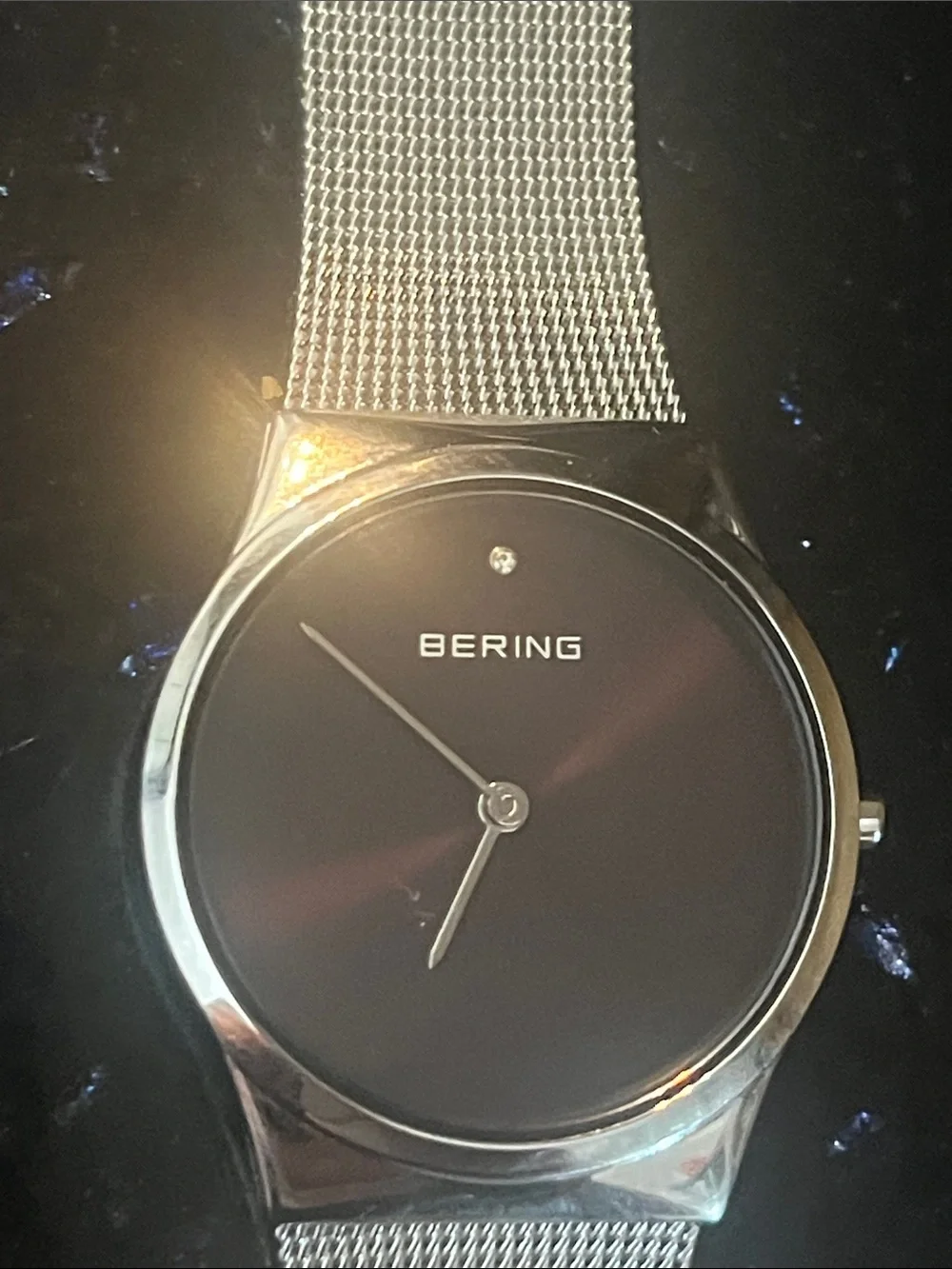 Bering Women Silver Mesh Watch with Black Dial